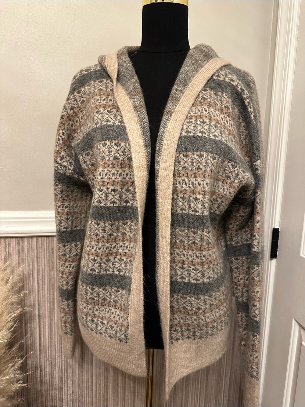 Hem & Thread Fair Isle Hooded Open Front Cardigan Sweater Large